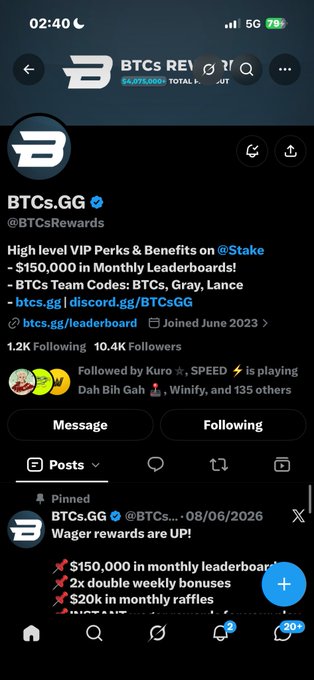 A mobile screenshot of an X/Twitter profile page for "BTCs.GG" (@BTCsRewards), showing the display name "BTCs.GG", 10.4K followers, and pinned posts about wager rewards and leaderboards.
