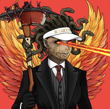 The image features a character with a white hat, black suit, and red tie, holding a large hammer or sledgehammer while wearing a suit of armor. The character appears to be a man dressed in a business suit, possibly a businessman or a knight. The background is a vibrant red color, which contrasts with the character's attire. In the image, there are also two snakes depicted on the character's head and neck, adding an element of danger or intrigue to the scene.