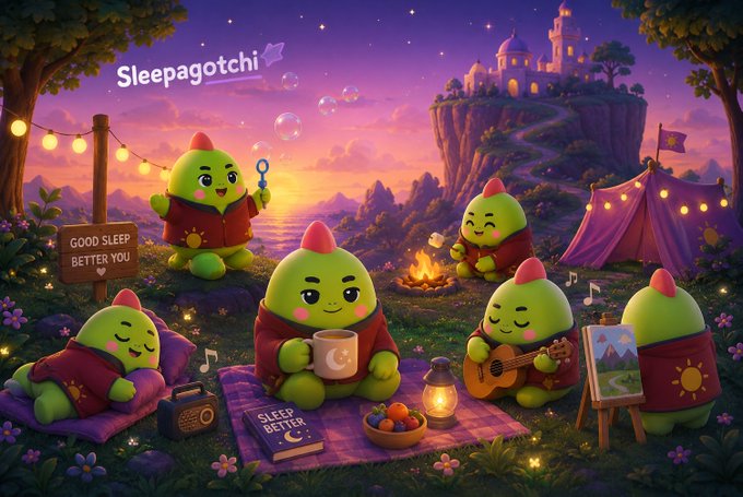 A colorful digital illustration featuring 'Sleepagotchi' cartoon characters relaxing at a campsite with a 'GOOD SLEEP BETTER YOU' sign and a 'SLEEP BETTER' book.