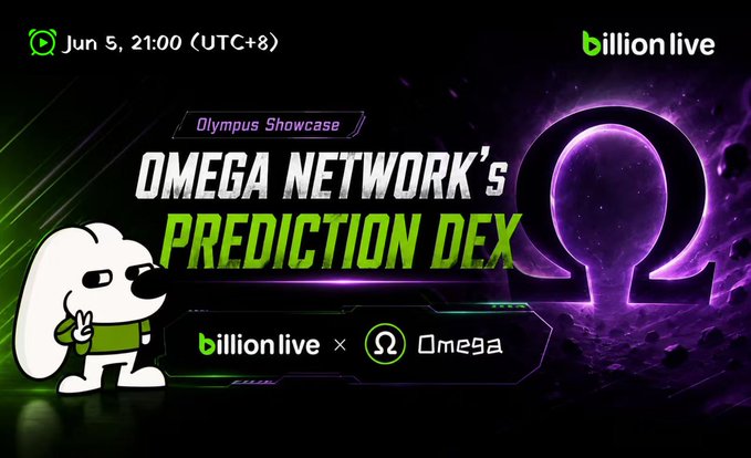 The image features a poster with a cartoon dog holding a sign that says "Omega Network's Prediction DEX" written below it. The poster also includes text about an event happening at the Omega Network office on June 5th, at 21:00 (UTC+8). The poster is promoting an event called "Omega Network's Prediction DEX".