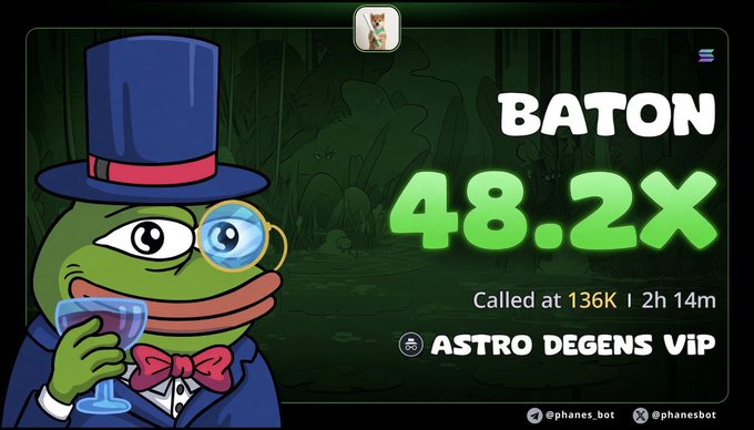 A Pepe-style frog mascot in a top hat and monocle holds a wine glass beside bold green text announcing a "48.2X" gain on the token "BATON," with call details showing it was spotted at 136K market cap and credited to "ASTRO DEGENS VIP." The graphic visually celebrates the viral pump claim made in the accompanying post about early entry and massive returns.
