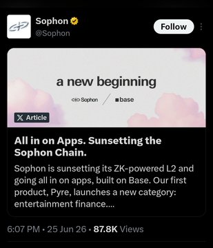 The image is an X (Twitter) post from Sophon (@Sophon) announcing "A new beginning" with a graphic that reads "a new beginning / c/o Sophon / ⊻base," promoting their article titled "All in on Apps: Sunsetting the Sophon Chain," in which Sophon announces it is discontinuing its ZK-powered L2 and pivoting to apps built on Base, with "Pyre" launching as their first entertainment product.