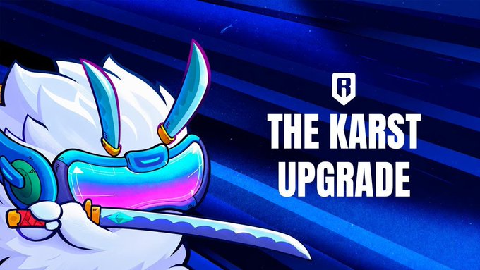 A graphic featuring a white-haired cartoon character with blue goggles and a sword, advertising 'THE KARST UPGRADE' with an 'R' logo.