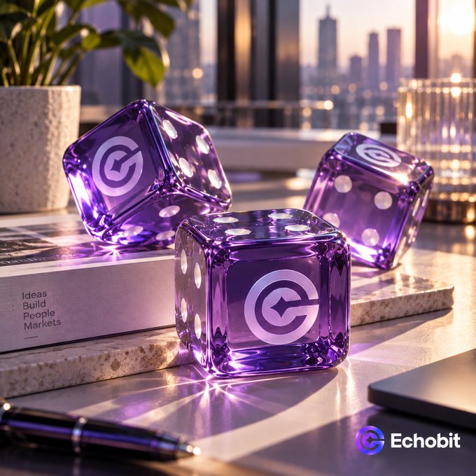A digital rendering of three translucent purple dice with a logo on a desk with a book and city view in the background, branded with the 'Echobit' logo in the corner.