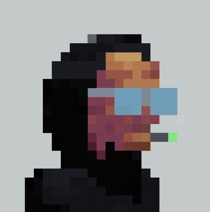 A low-resolution pixel art image depicts a person with dark hair and blue sunglasses smoking a cigarette with a glowing green tip.