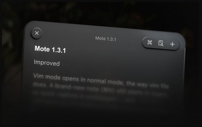 A dark-themed software update notification panel for "Mote 1.3.1" describing improvements including Vim mode opening in normal mode by default.