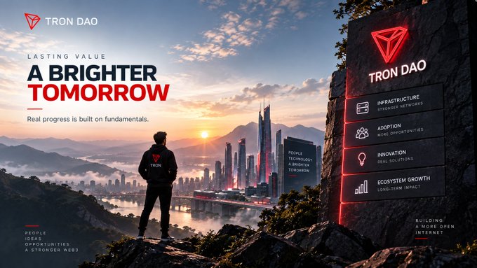 A promotional graphic for 'TRON DAO' shows a figure looking at a futuristic city at sunset, with the text 'LASTING VALUE A BRIGHTER TOMORROW' and 'Real progress is built on fundamentals.' on the left, and categories like 'INFRASTRUCTURE', 'ADOPTION', and 'INNOVATION' on the right.