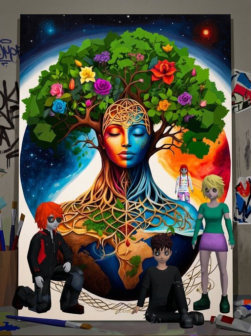 A vibrant digital artwork featuring a woman's face merged with a colorful tree of life, accompanied by cartoon-style character figures in front of a graffiti-covered wall.