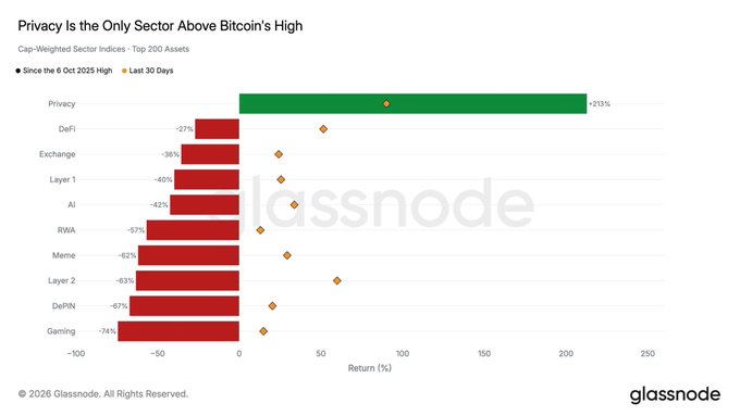 A bar chart titled 'Privacy Is the Only Sector Above Bitcoin's High' from Glassnode shows cap-weighted sector indices for Top 200 Assets since the Oct 6, 2025 high, with Privacy at +213%, while all other sectors including DeFi (-27%), Exchange (-36%), Layer 1 (-40%), AI (-42%), RWA (-52%), Meme (-62%), Layer 2 (-63%), DePIN (-67%), and Gaming (-74%) show declines.