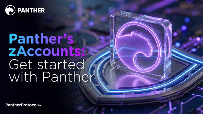 Promotional graphic for Panther Protocol's 'zAccounts: Get started with Panther' featuring a glowing purple panther logo on a circuit board.