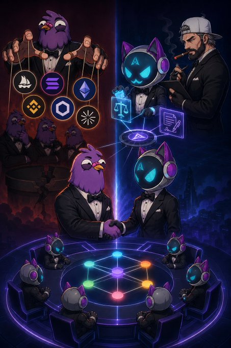 The image depicts a purple pigeon puppet in a tuxedo shaking hands with a robot on the right, while another bearded man controls the robot like a puppeteer, with puppets of the pigeon visible in the background handling blockchain logos. A meeting of robot "directors" at a neural network table below symbolizes governance and infrastructure layers, visually reinforcing the post's message that while many projects are simply "backed by" logos, Internet Court integrates GenLayer (disputes) and Arkhai (contracts) as operational layers rather than decorative partnerships.