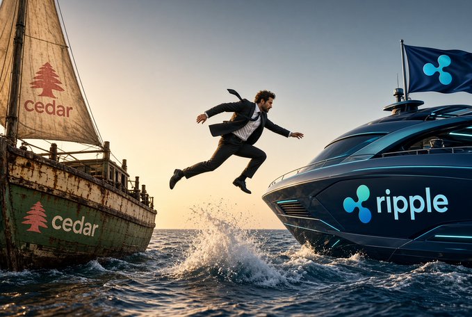 An AI-generated image showing a businessman leaping from an old, weathered sailing ship with a 'cedar' logo into a sleek modern yacht branded with 'ripple' and its logo.