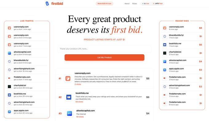 The image shows the "firstbid" website homepage, where usenoreply.com leads the listings at $8, followed by bookfolio.me at $6 and aiotodocapital.com at $4. This confirms the post's claim that usenoreply has taken the #1 position, while bookfolio now sits in second place.