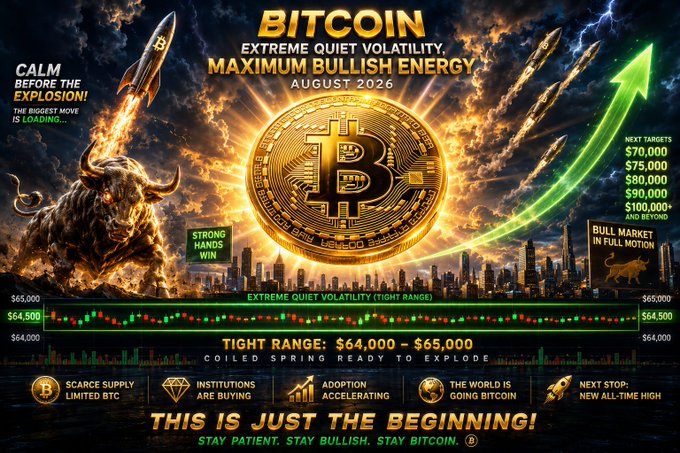 A dramatic Bitcoin promotional graphic with text 'BITCOIN EXTREME QUIET VOLATILITY, MAXIMUM BULLISH ENERGY AUGUST 2026', featuring a charging bull, rockets, a city skyline, and price targets ranging from $70,000 to $100,000+.