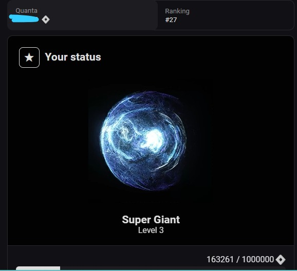 A dark app interface showing 'Quanta' with Ranking #27, displaying a 'Super Giant Level 3' status featuring a glowing blue orb resembling a celestial body, with a progress bar at 163261/1000000.