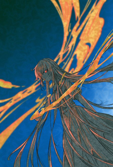 A striking digital illustration of a dark, flowing-haired figure with glowing red eyes, surrounded by ethereal, golden-yellow ribbons of energy against a deep blue, moonlit background.