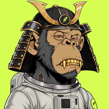 A cartoon illustration of a chimpanzee wearing traditional Japanese samurai armor with a black kabuto helmet featuring golden horn ornaments, set against a bright green background.