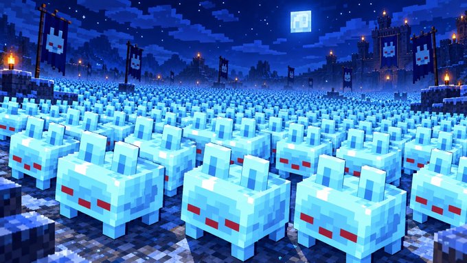 A Minecraft-themed image depicting a massive army of blue rabbit-like creatures gathered at night under a moonlit sky with banners and torches.