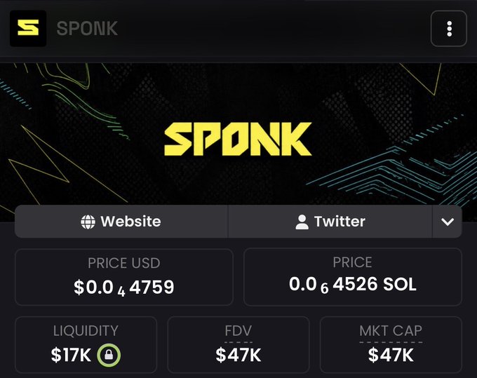 A cryptocurrency token page for 'SPONK' displayed on a tracker site, showing a price of $0.04759 USD / 0.004526 SOL, with liquidity at $17K (locked) and FDV/MKT CAP both at $47K.