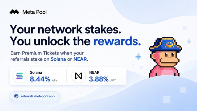 A Meta Pool promotional banner advertising referral rewards, showing 8.44% APY on Solana and 3.88% APY on NEAR staking, with the tagline 'Your network stakes. You unlock the rewards.'