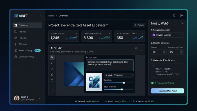 A screenshot of the AINFT platform dashboard displaying a 'Decentralized Asset Ecosystem' project with AI Studio tools for generating abstract art, showing 1,245 active creators and metrics for minting to Web3.