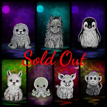 An image showing six illustrated baby animals (seal, hedgehog, penguin, dog, octopus, pig, and monkey) arranged in a grid with the text 'Sold Out' overlaid in red.