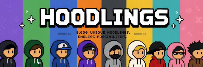 A promotional graphic for "Hoodlings" featuring pixel-art characters in various hooded outfits, advertising "8,000 Unique Hoodlings, Endless Possibilities." The post announces a giveaway of 20 spots for the Hoodlings NFT collection on the RobinHood chain, requiring users to follow, like, retweet, and submit their EVM wallet address.