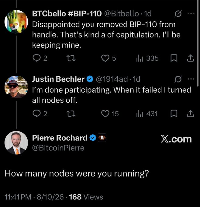 A screenshot of a Twitter thread shows Bitcoin figures including "BTCbello #BIP-110 @Bitbello" lamenting the removal of BIP-110 as "capitulation," while "Justin Bechler @1914ad" declares "I'm done participating" and shut down all his nodes after the proposal failed. Pierre Rochard @BitcoinPierre responds asking "How many nodes were you running?"—questioning the scale of Bechler's node participation in response to the suggestion of Sybil activity.