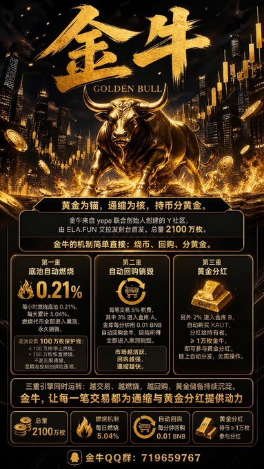 The image is a promotional poster for "Golden Bull" (金牛) cryptocurrency, featuring a golden bull statue with the text "GOLDEN BULL" prominently displayed. It outlines the coin's mechanism with three columns detailing: 0.21% hourly auto-burn (燃烧), 5% transaction tax for auto-buyback of BNB (回购销毁), and a 2% fee for buying XAUT gold tokens (黄金分红), with a total supply of 21 million coins and contact info "金牛QQ群: 719659767." The poster directly supports the post by visualizing the "Golden Bull" project, emphasizing its unique gold-backed trading mechanism (XAUT integration) and the three-pronged deflationary strategy described in the caption.