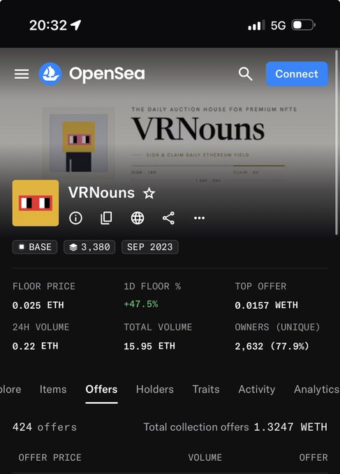 A screenshot of the OpenSea NFT marketplace showing the VRNouns collection page on the Base network, displaying a floor price of 0.025 ETH with 424 offers totaling 1.3247 WETH in collection offers. The image illustrates the post's claim about 1.3 ETH worth of liquidity suddenly appearing through offers, highlighting the active bidding activity for these NFTs.