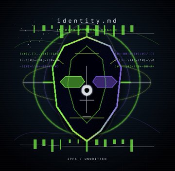 A digital graphic featuring a stylized green and purple mask/scope design with the text 'identity.md' at the top and 'FPFS / UNWRITTEN' at the bottom.