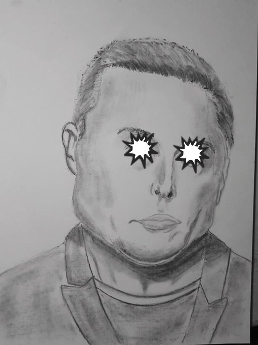 A pencil sketch portrait of a man with hair styled backward, wearing a collared jacket, with starburst graphics edited over the eyes to symbolize intensity—visually representing the post's reference to Elon Musk's passionate, "starry-eyed" supporters ("Elon Maxi").