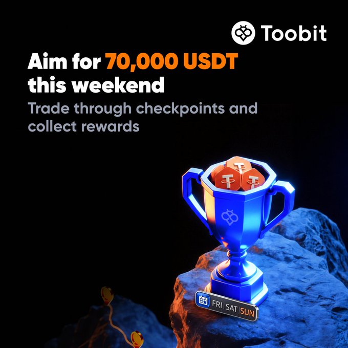A promotional graphic for Toobit featuring a glowing blue trophy filled with USDT coins on a rocky terrain, with text reading "Aim for 70,000 USDT this weekend - Trade through checkpoints and collect rewards" available Friday through Sunday, matching the post's call to action for traders to compete for weekend crypto rewards.