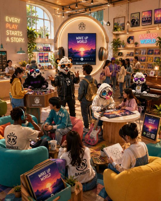 A colorful illustrated scene of a 'Bambitz' themed store/café with 'WAKE UP WORLD' and 'EVERY PLAY STARTS A STORY' signage, featuring panda mascots interacting with people.