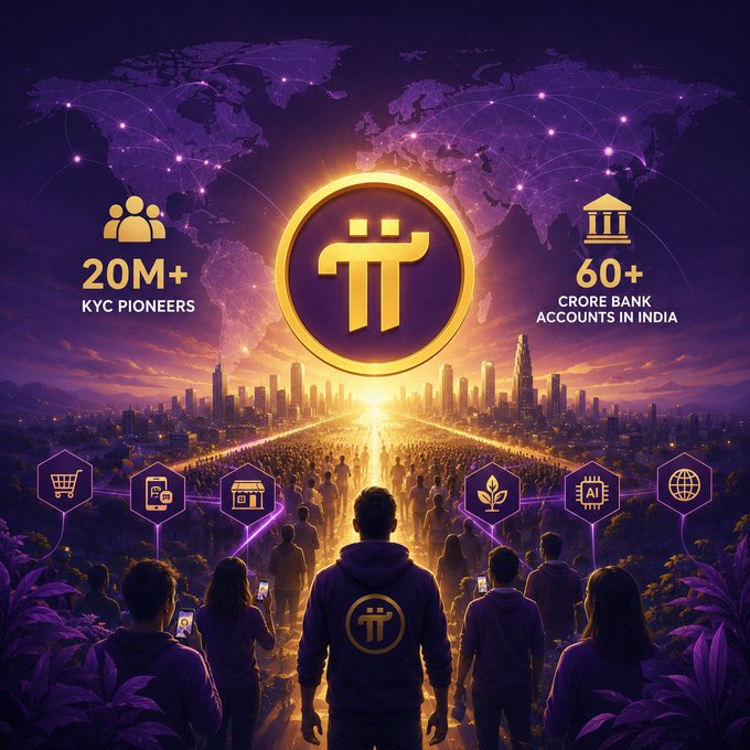 A promotional graphic featuring the Pi Network logo glowing over a cityscape, highlighting '20M+ KYC PIONEERS' and '60+ CRORE BANK ACCOUNTS IN INDIA.'