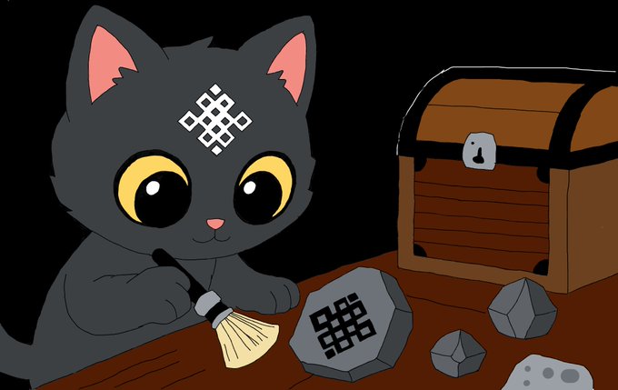 A cartoon illustration of a black kitten with an endless knot symbol on its forehead, holding a brush near a wooden treasure chest and rune stones.