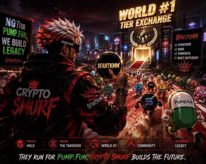 A stylized promotional graphic featuring a figure labeled "CRYPTO SMURF" and "$FARTKMM" holding a coin, with text including "WORLD #1 TIER EXCHANGE", "NOT FOR PUMP.FUN, WE BUILD LEGACY", and "THEY RUN FOR PUMP.FUN, CRYPTO SMURF BUILDS THE FUTURE."