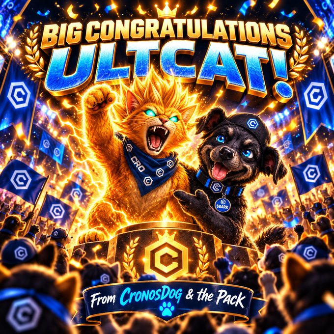 A vibrant, action-style graphic celebrating 'ULT CAT!' with text 'BIG CONGRATULATIONS' and 'From CronosDOG & the Pack,' featuring a fierce orange cat and a black dog with blue eyes surrounded by a cheering crowd holding blue 'C' flags.