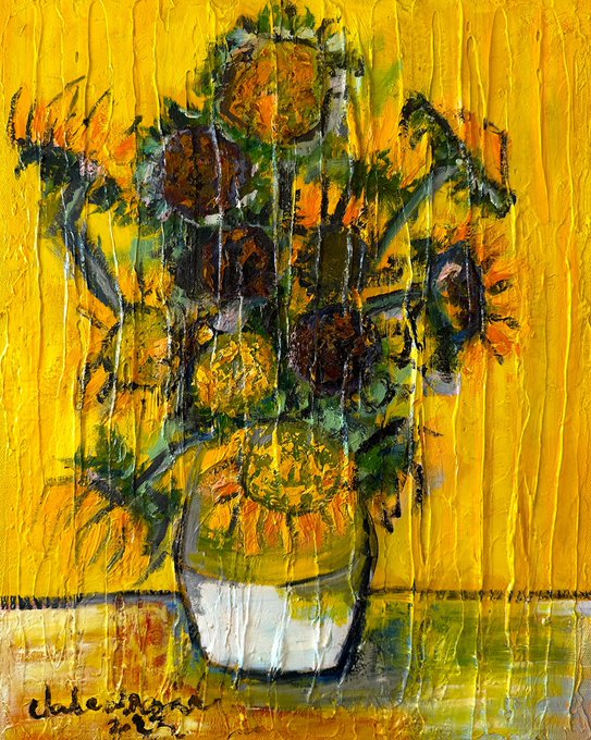 A textured, impasto-style painting of sunflowers in a vase against a vibrant yellow background, signed "Charles Aznavour" in the lower left corner.