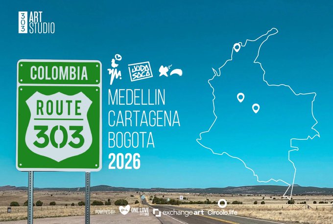 A travel poster for '303 ART STUDIO' advertising 'COLOMBIA ROUTE 303' with stops in MEDELLIN, CARTAGENA, and BOGOTA in 2026, featuring a route map outline of Colombia beside a highway road.