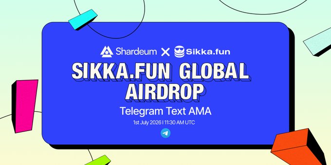 This image announces a "SIKKA.FUN GLOBAL AIRDROP" via a "Telegram Text AMA" session originally scheduled for July 1st, 2026, 11:30 AM UTC, which relates to the postponement mentioned in the post.
