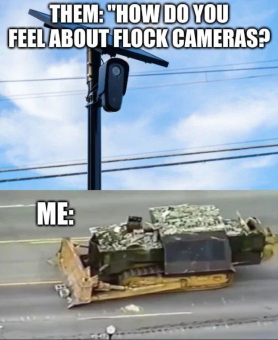 A black street sign with a camera attached to it and a text overlay about flock cameras, accompanied by an image of a tractor on the road.