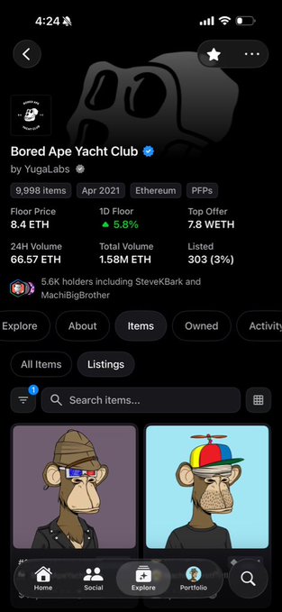 A mobile app screen showing the 'Bored Ape Yacht Club' NFT collection by YugaLabs, displaying stats like a Floor Price of 8.4 ETH, 24h Volume of 66.57 ETH, and 5.6k holders.