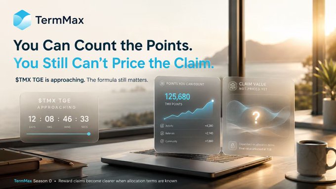 A promotional TermMax graphic featuring a laptop by a window at sunset displays a "$TMX TGE APPROACHING" timer at 12:08:46:33 alongside floating panels showing "125,680 TMX Points" (broken into Activity +2,280, Referrals +3,140, Community +1,860) and an undetermined "Claim Value" marked with a question mark. The image visually reinforces the post's message that while TMX token points are easy to tally, the actual claim worth cannot be priced even with TermMax's 150M TMX (15%) community allocation, since the XP/AP/MP split remains unknown.