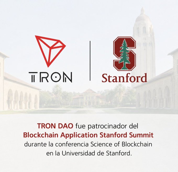 Promotional graphic featuring the TRON and Stanford logos side-by-side against a faded backdrop of Stanford's campus, announcing that "TRON DAO fue patrocinador del Blockchain Application Stanford Summit durante la conferencia Science of Blockchain en la Universidad de Stanford."
