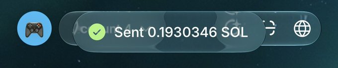 A confirmation notification shows "Sent 0.1930346 SOL" on a dark interface with a gaming controller icon and globe symbol, celebrating a successful Solana transaction, likely congratulating @KryptoGrph on a crypto achievement.
