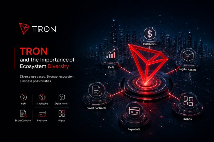 A promotional graphic titled "TRON and the Importance of Ecosystem Diversity" with the tagline "Diverse use cases. Stronger ecosystem. Limitless possibilities," highlighting six pillars: DeFi, Stablecoins, Digital Assets, Smart Contracts, Payments, and dApps.