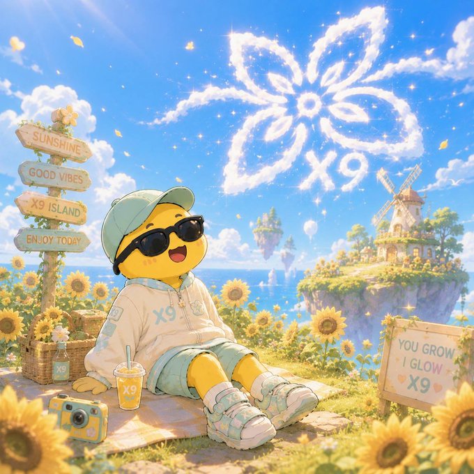 A cheerful yellow emoji-like character relaxes in a sunny sunflower field, with signs reading "SUNSHINE," "GOOD VIBES," "X9 ISLAND," and "ENJOY TODAY," alongside a "YOU GROW I GLOW X9" placard. The image's theme of "X9" appears to reference the post's focus on Quip Network's proactive approach to post-quantum cryptography, with the "X9" branding visually reinforcing the forward-looking, future-ready message about building cryptographic solutions ahead of time.