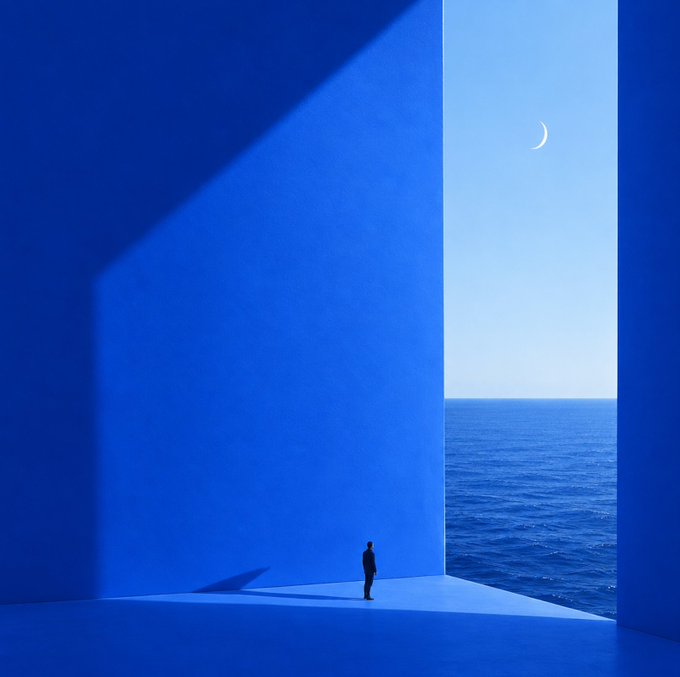 A tiny figure stands dwarfed by massive blue walls that frame a vast ocean and sky with a crescent moon, visually embodying the post's reflection on how perspective expands as one feels smaller—though no text, numbers, or tickers appear in the image itself.