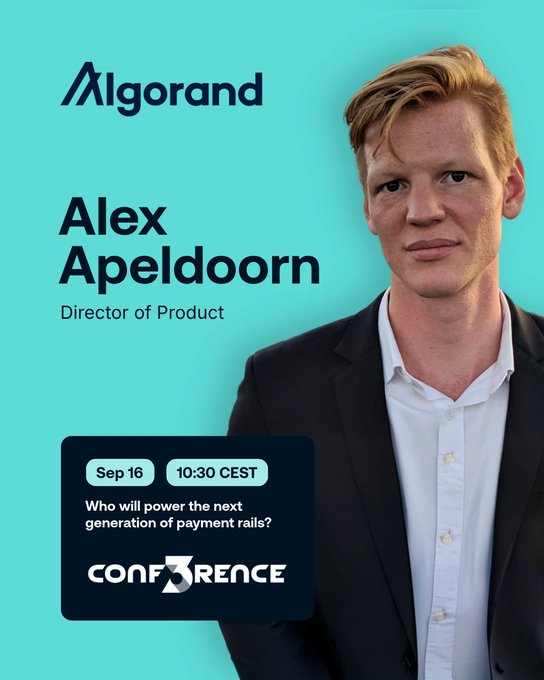 An Algorand promotional graphic features Alex Apeldoorn, Director of Product, with event details for 'Conference 3' on Sep 16 at 10:30 CEST, asking 'Who will power the next generation of payment rails?'